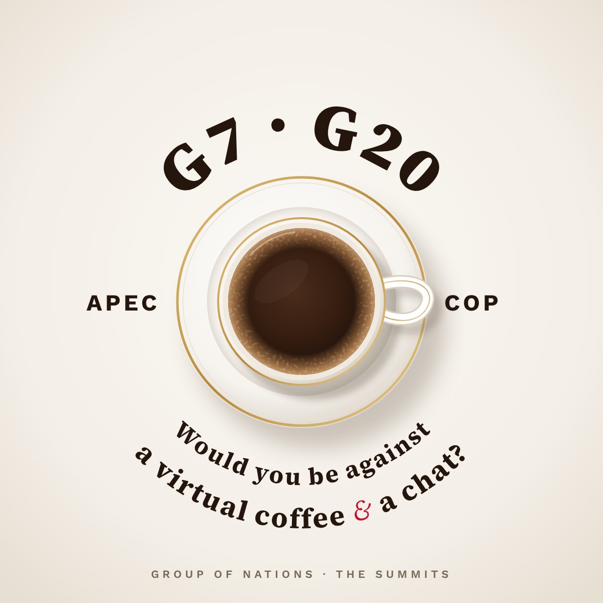 Would you be against a virtual coffee & a chat? A cup of coffee framed by G7, G20, APEC and COP