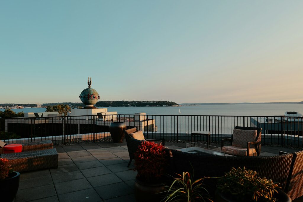 A rooftop terrace overlooking the water
