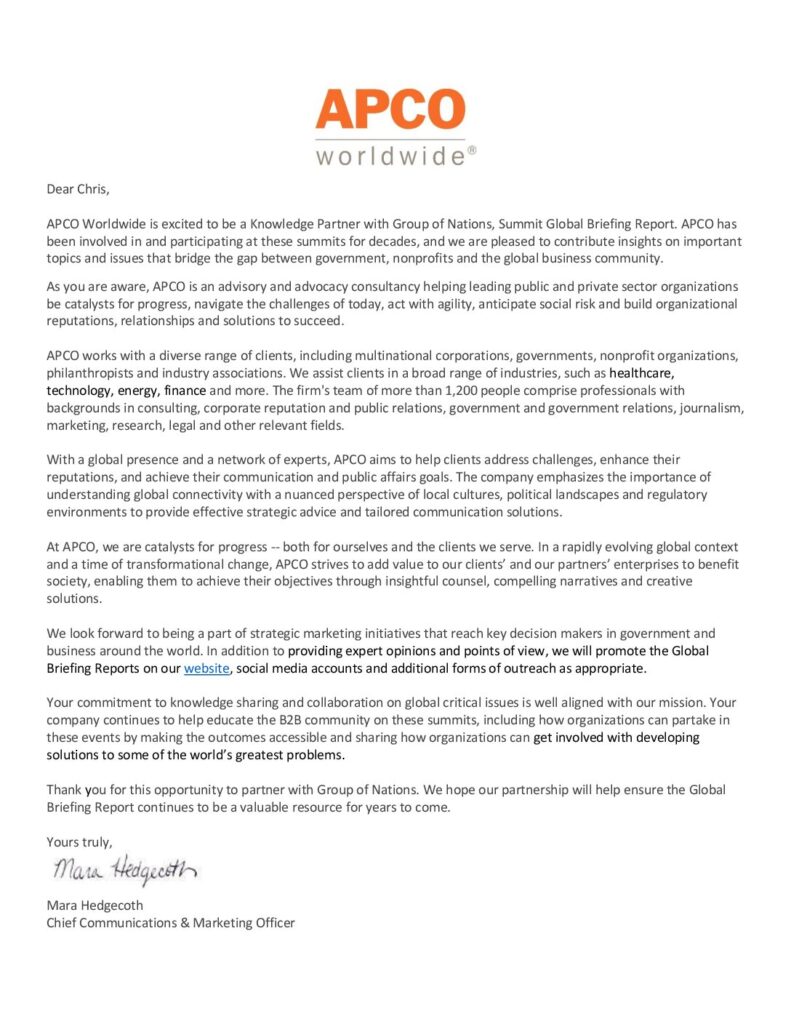 APCO Worldwide &mdash; Endorsement letter