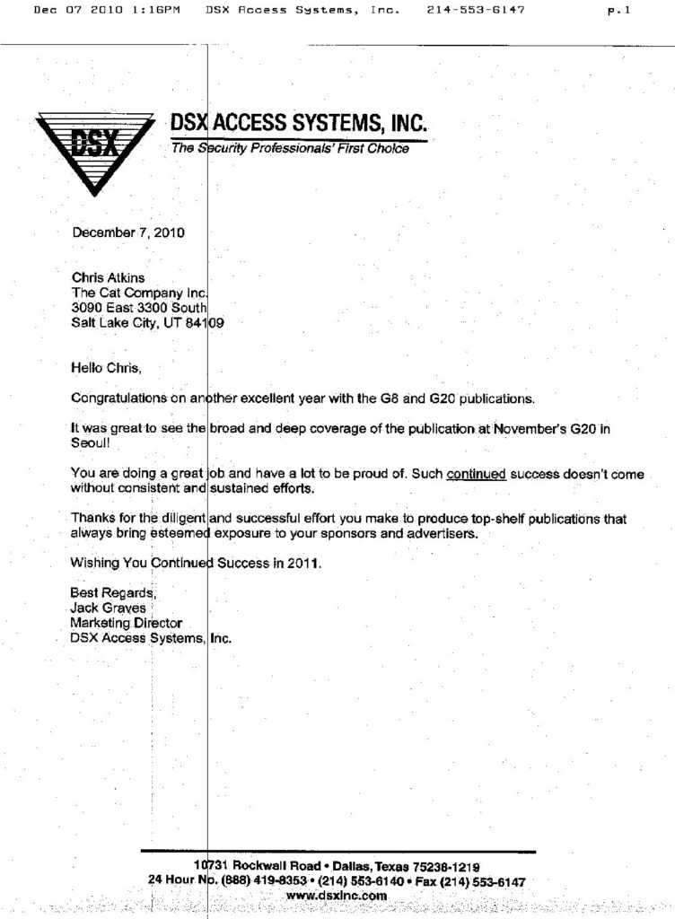 DSX Inc &mdash; Reference letter