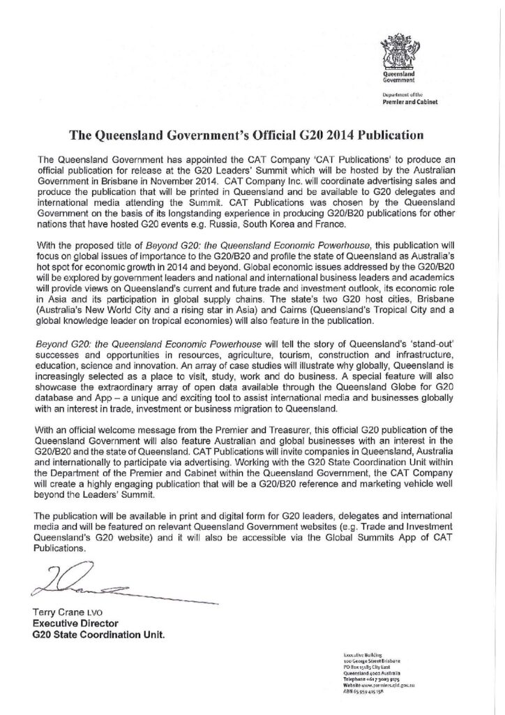 Official G20 Queensland letter &mdash; Queensland Government, 2014