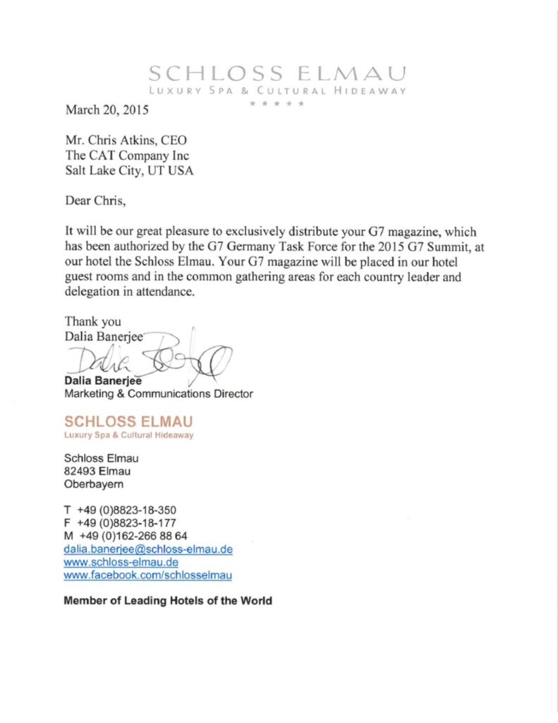 G7 leaders' hotel letter &mdash; Schloss Elmau, 2015