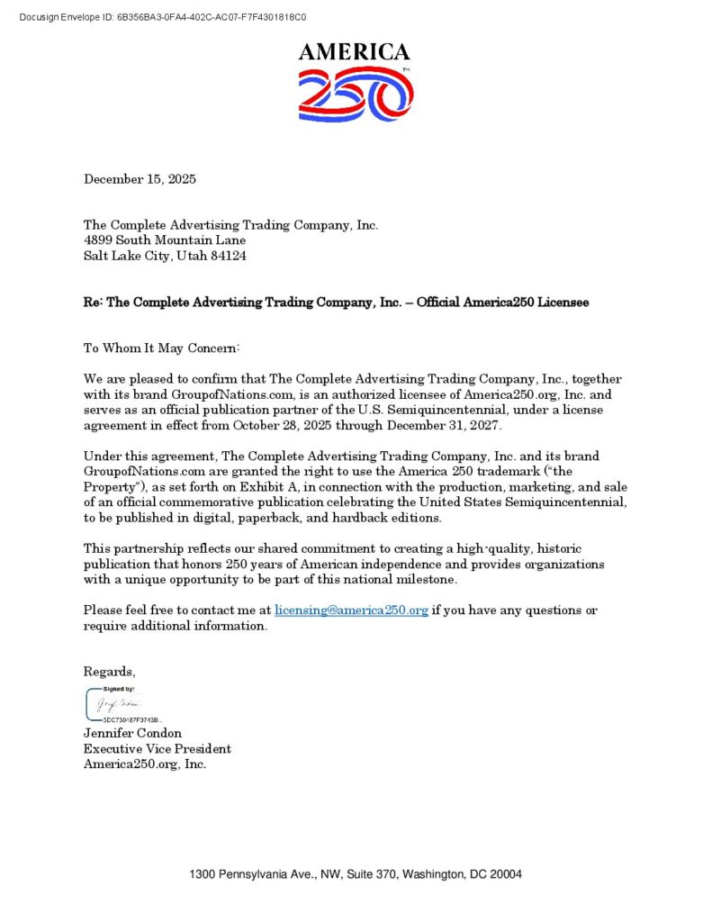 Official letter from America250 &mdash; The CAT Company authorization, signed
