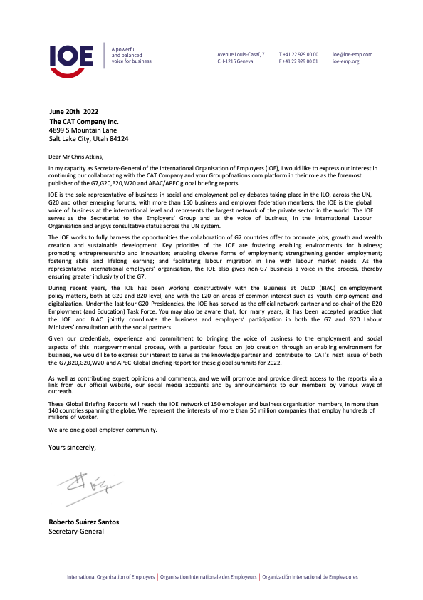 International Organization of Employers &mdash; Partnership letter, 2022
