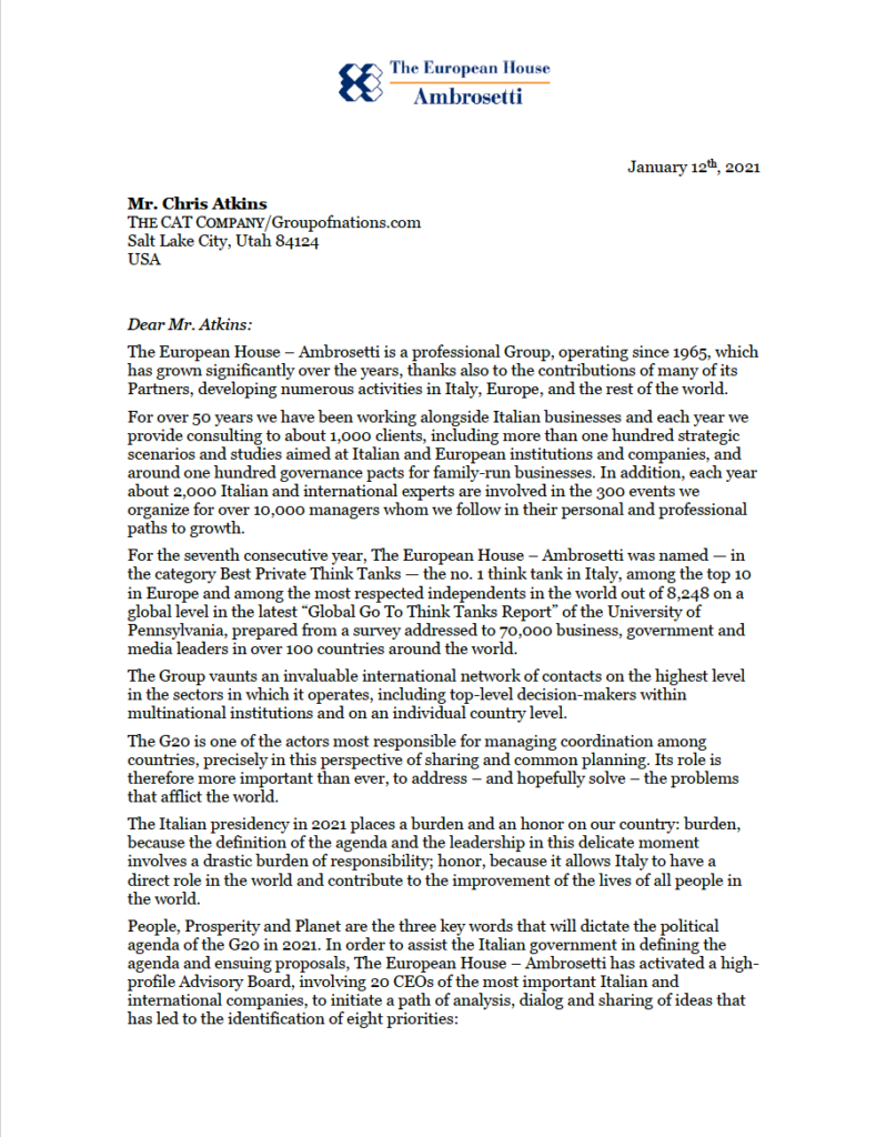The European House &mdash; Ambrosetti &mdash; Official letter, G20 Italy