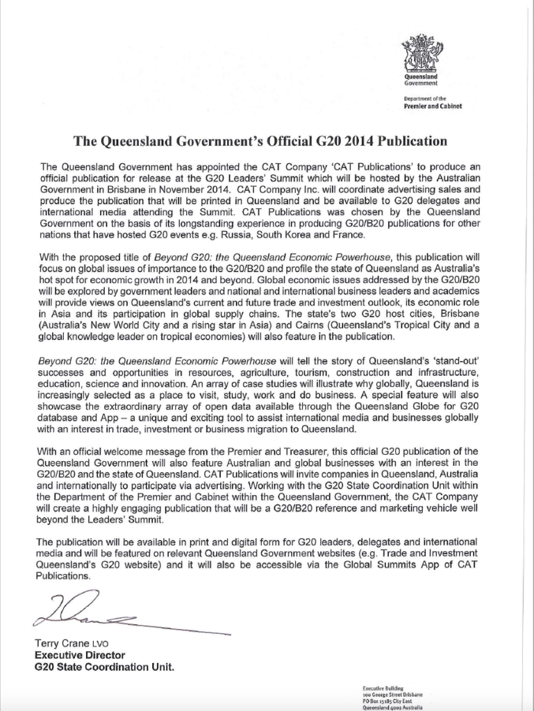 Official G20 letter &mdash; Queensland Government, 2014