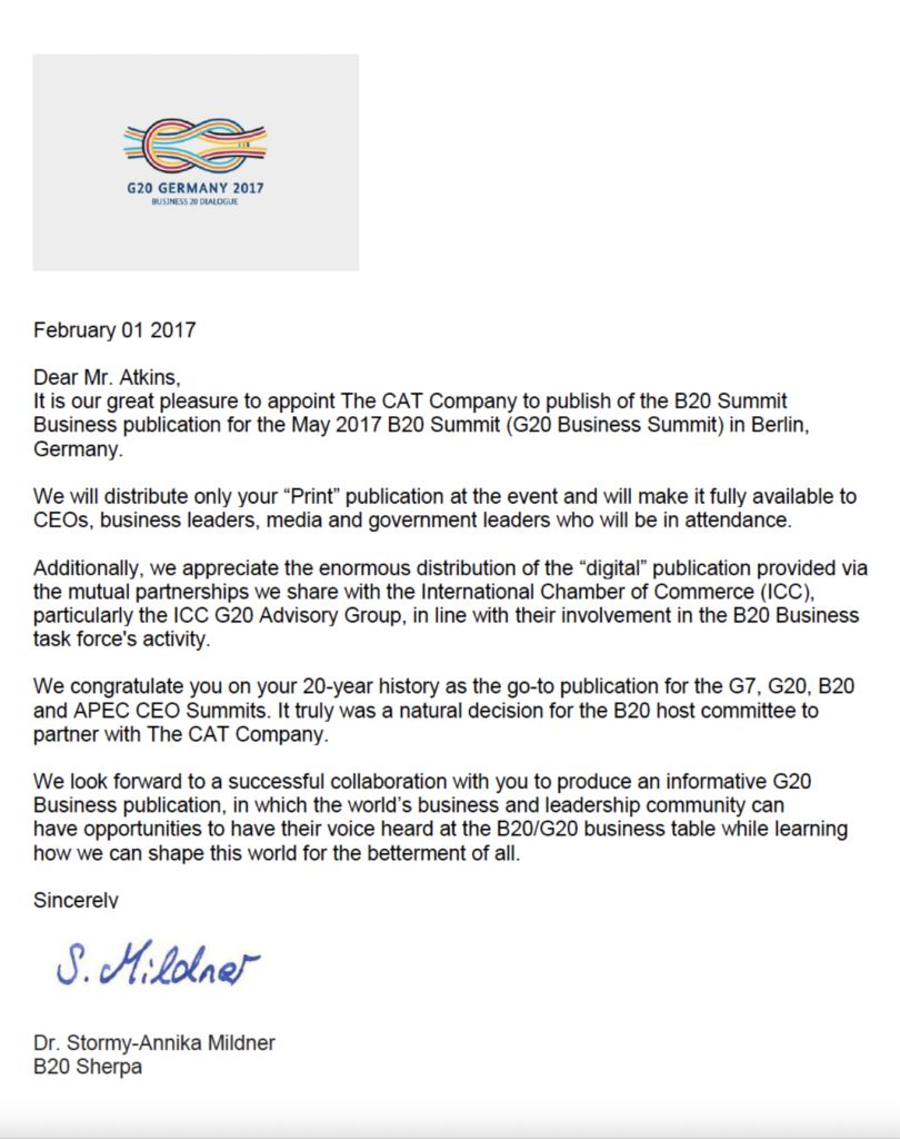 Official B20&ndash;G20 letter &mdash; Germany