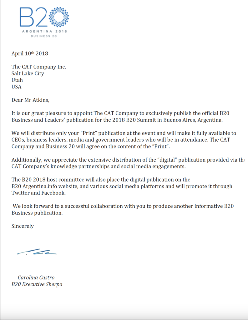 Official B20 letter &mdash; B20 Argentina, 2018