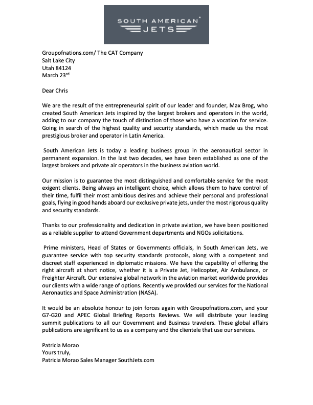 South American Jets &mdash; Reference letter